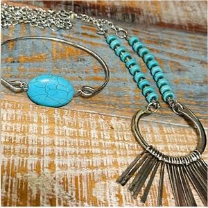 Silver Beaded Necklace and Turquoise Bracelet
